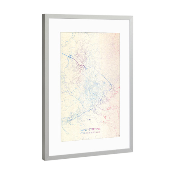 Poster mit Rahmen Silber "Saint-Étienne Frankreich Map Rose And Serenity I" artboxONE - Städte,Reise,Kartografie
