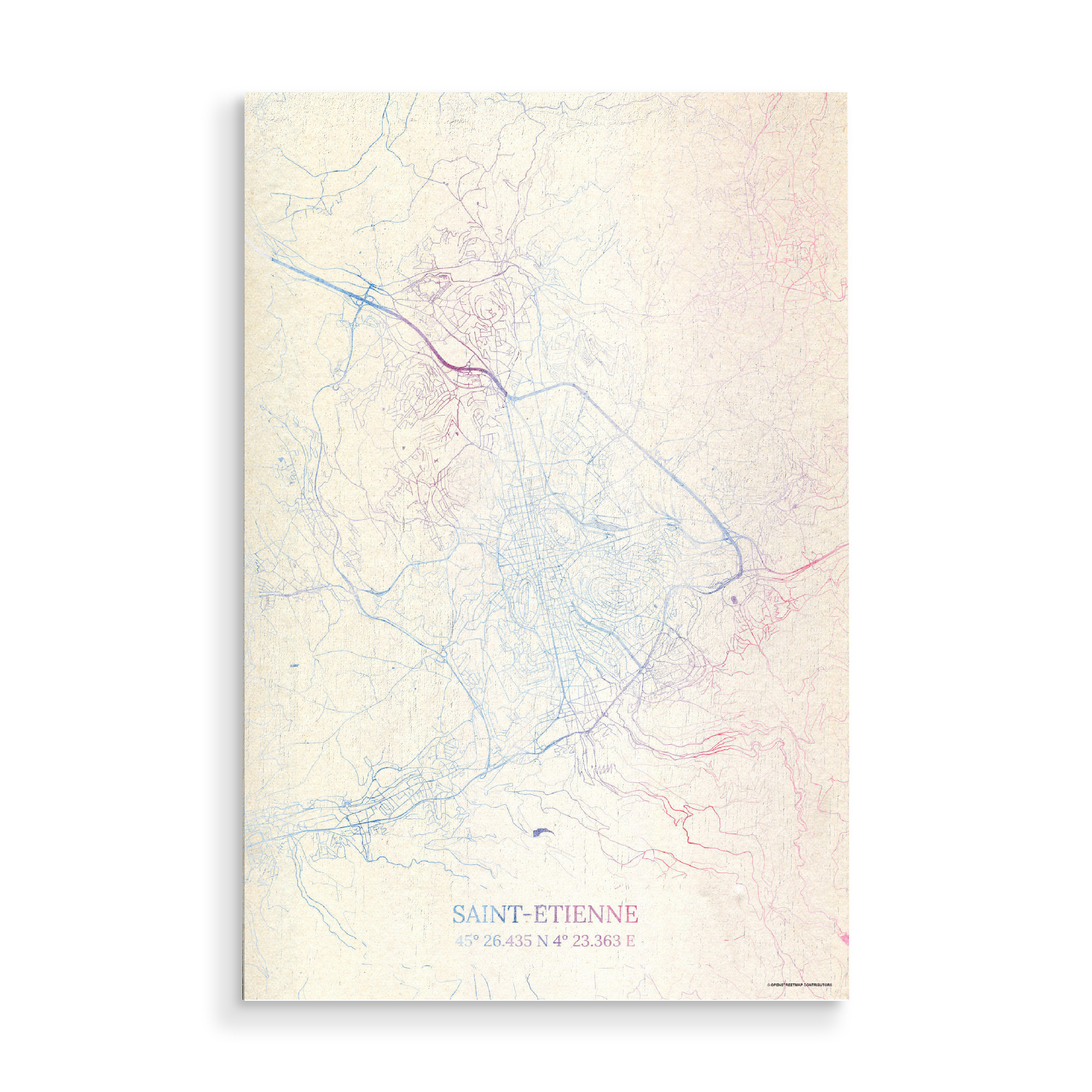 Holzbild "Saint-Étienne Frankreich Map Rose And Serenity I" artboxONE - Städte,Reise,Kartografie - Städte,Stadtkarte,Wasserfarbe,Rosequartz