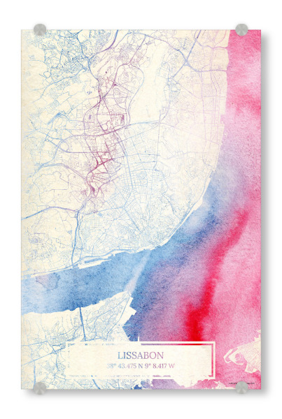 Acrylglasbild "Lissabon Portugal Map Rose And Serenity I" artboxONE - Städte,Reise,Kartografie - Städte,Stadtkarte,Wasserfarbe,Rosequartz