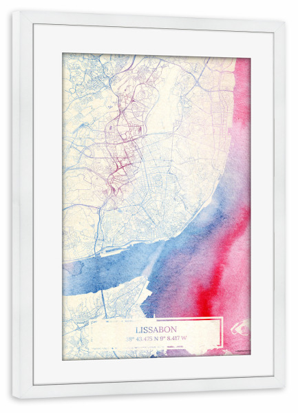 Poster mit Rahmen weiß "Lissabon Portugal Map Rose And Serenity I" artboxONE - Städte,Reise,Kartografie - Städte,Stadtkarte,Wasserfarbe,Rosequartz