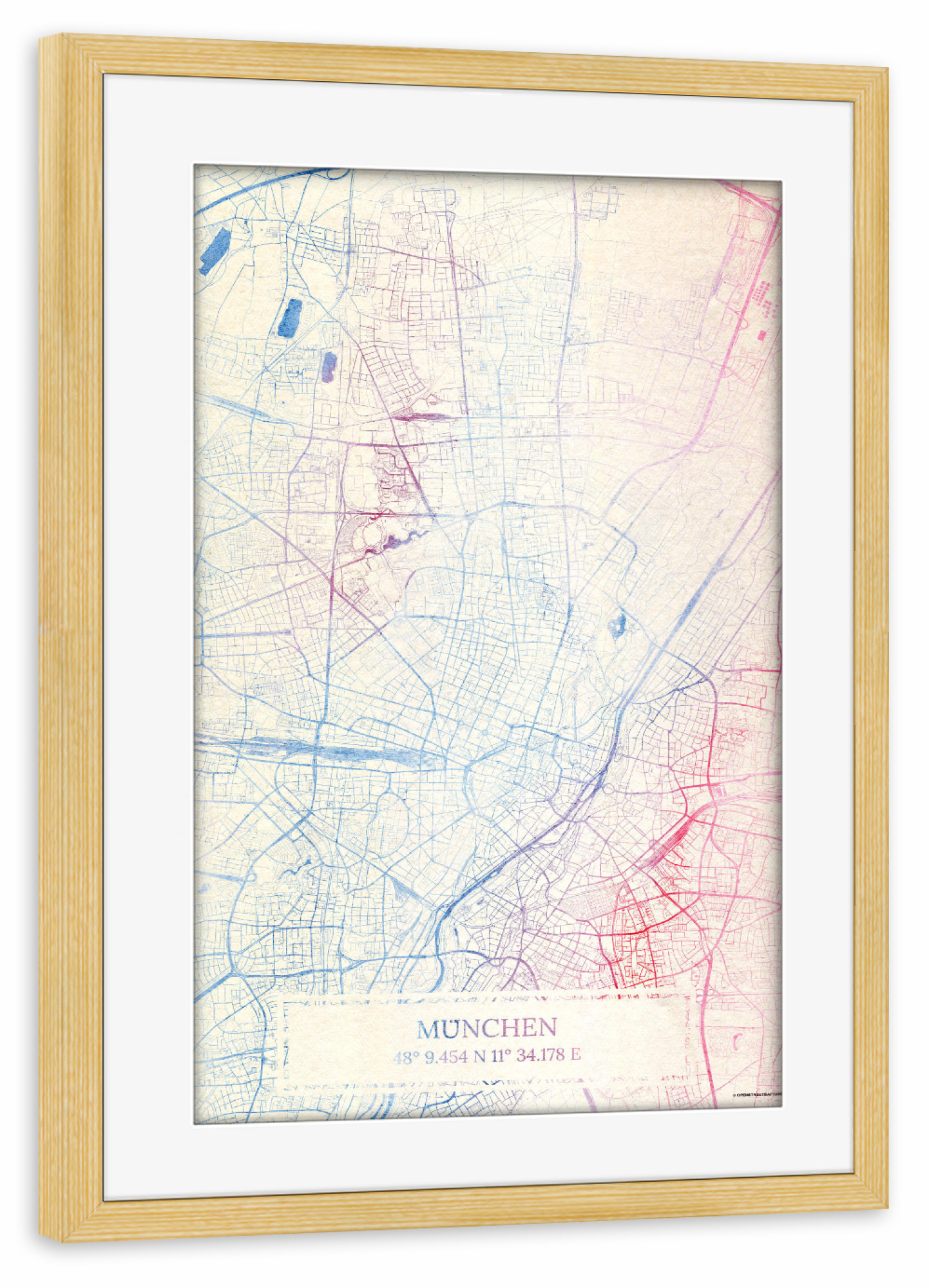Poster mit Rahmen kiefer "München Deutschland Map Rose And Serenity II" artboxONE - Städte,Reise,Kartografie