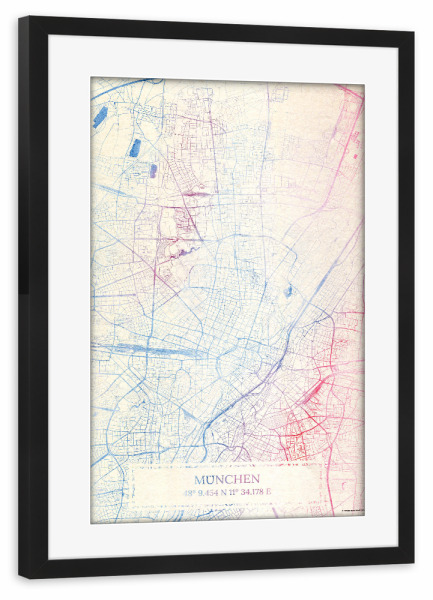 Poster mit Rahmen schwarz "München Deutschland Map Rose And Serenity II" artboxONE - Städte,Reise,Kartografie