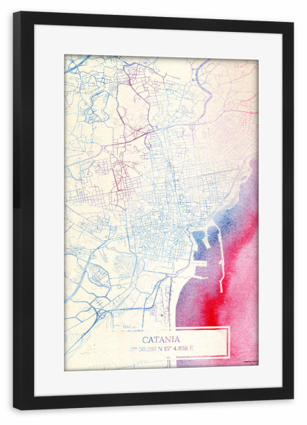 Poster mit Rahmen schwarz "Catania Italien Map Rose And Serenity I" artboxONE - Städte,Reise,Kartografie - Städte,Stadtkarte,Wasserfarbe,Rosequartz