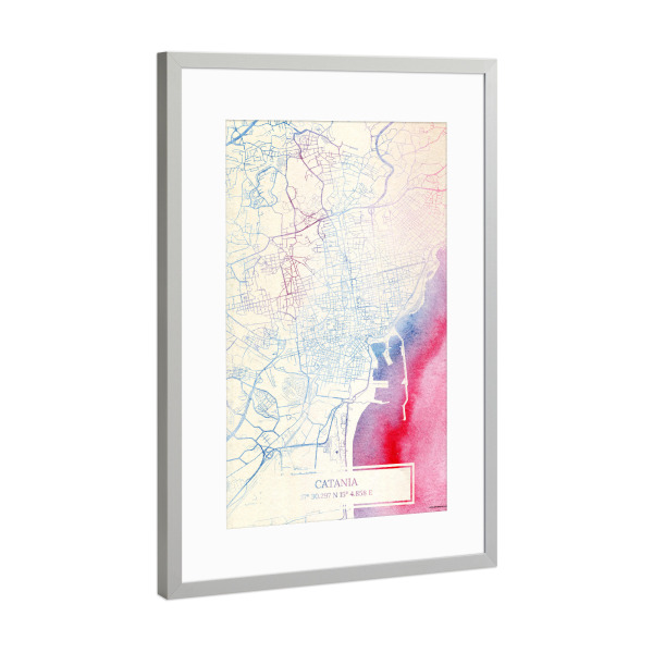 Poster mit Rahmen Silber "Catania Italien Map Rose And Serenity I" artboxONE - Städte,Reise,Kartografie - Städte,Stadtkarte,Wasserfarbe,Rosequartz