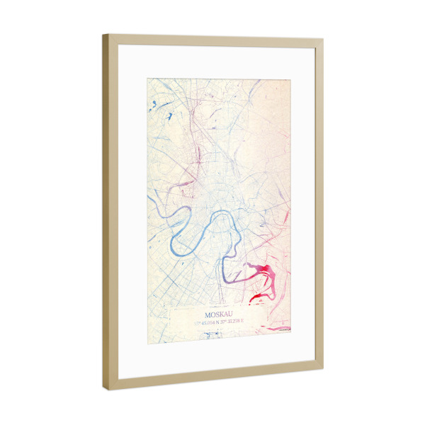 Poster mit Rahmen Gold "Moskau Russland Map Rose And Serenity II" artboxONE - Städte,Reise,Kartografie - Städte,Stadtkarte,Wasserfarbe,Rosequartz