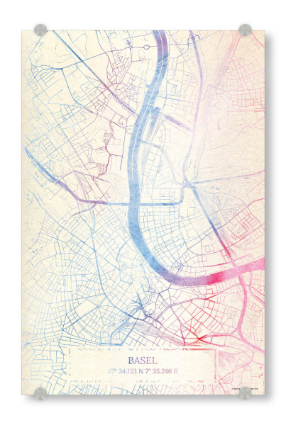 Acrylglasbild "Basel Schweiz Map Rose And Serenity I" artboxONE - Städte,Reise,Kartografie - Städte,Stadtkarte,Wasserfarbe,Rosequartz