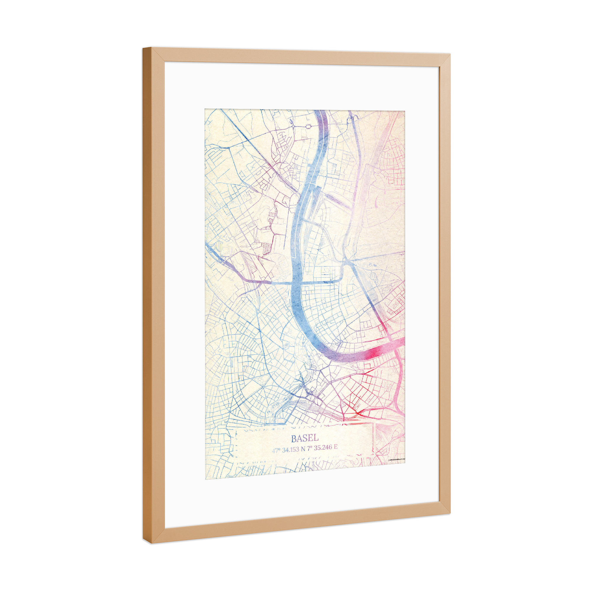Poster mit Rahmen Kupfer "Basel Schweiz Map Rose And Serenity I" artboxONE - Städte,Reise,Kartografie - Städte,Stadtkarte,Wasserfarbe,Rosequartz