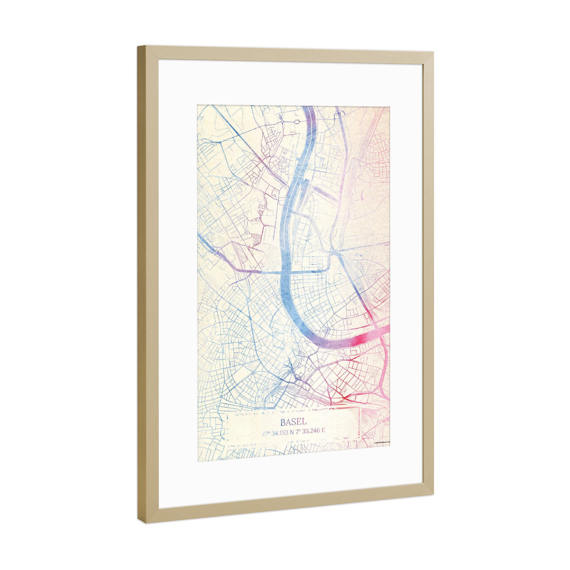 Poster mit Rahmen Gold "Basel Schweiz Map Rose And Serenity I" artboxONE - Städte,Reise,Kartografie - Städte,Stadtkarte,Wasserfarbe,Rosequartz