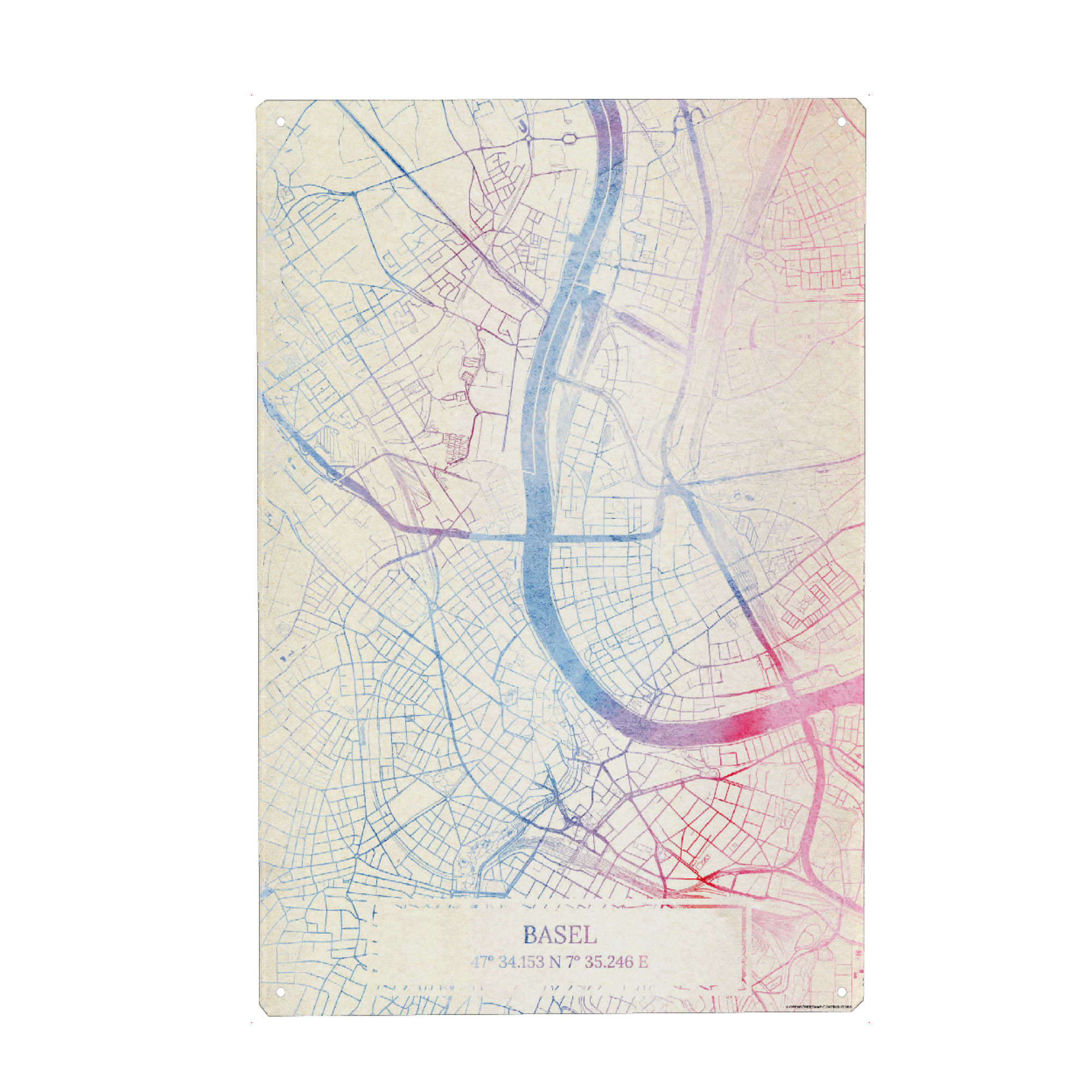 Metall Poster "Basel Schweiz Map Rose And Serenity I" artboxONE - Städte,Reise,Kartografie - Städte,Stadtkarte,Wasserfarbe,Rosequartz - Blechschild