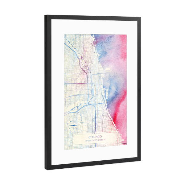 Poster mit Rahmen Schwarz (Metallic) "Chicago USA Map Rose And Serenity II" artboxONE - Städte,Reise,Kartografie