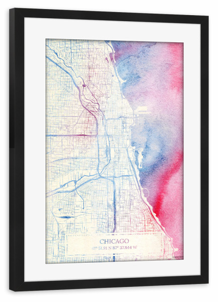 Poster mit Rahmen schwarz "Chicago USA Map Rose And Serenity II" artboxONE - Städte,Reise,Kartografie - Städting,Stadtkarte,Wasserfarbe,Rosequartz