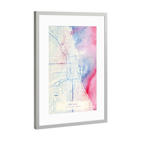 Poster mit Rahmen Silber "Chicago USA Map Rose And Serenity II" artboxONE - Städte,Reise,Kartografie - Städting,Stadtkarte,Wasserfarbe,Rosequartz