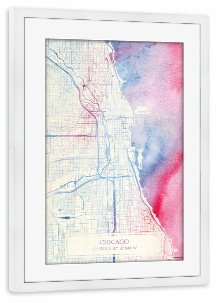 Poster mit Rahmen weiß "Chicago USA Map Rose And Serenity II" artboxONE - Städte,Reise,Kartografie - Städting,Stadtkarte,Wasserfarbe,Rosequartz