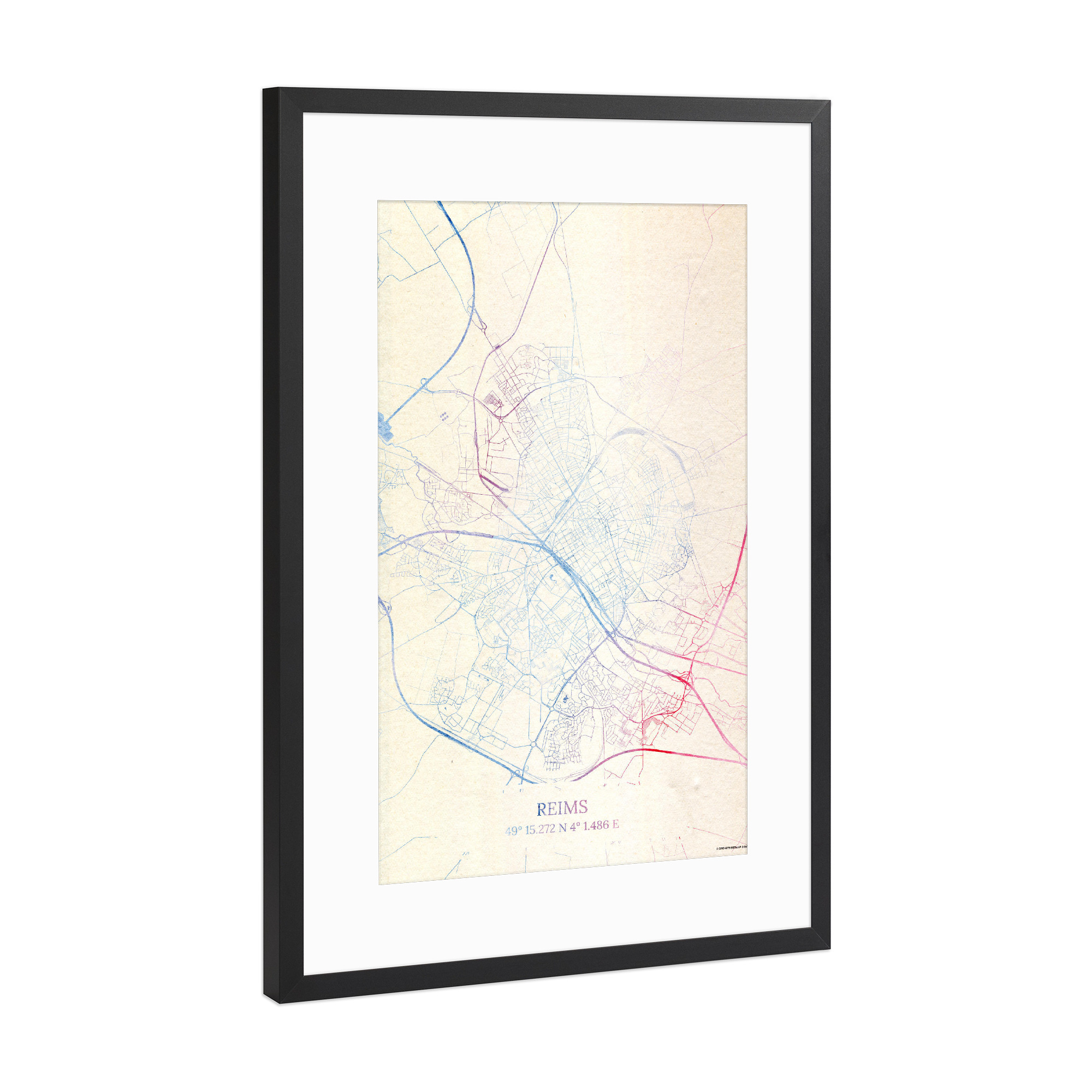 Poster mit Rahmen Schwarz (Metallic) "Reims Frankreich Map Rose And Serenity II" artboxONE - Städte,Reise,Kartografie