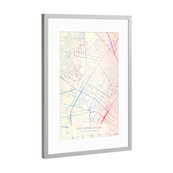 Poster mit Rahmen Silber "Köln-Ehrenfeld Deutschland Map Rose And Serenity I" artboxONE - Städte,Reise,Kartografie
