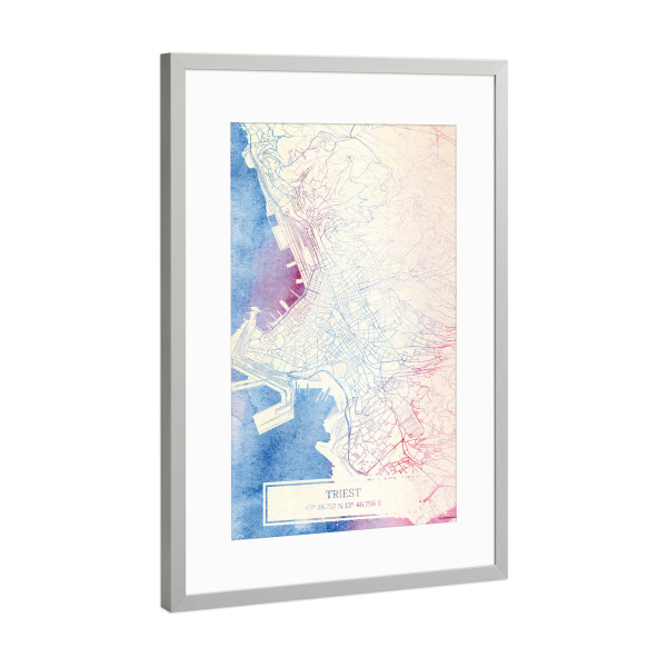 Poster mit Rahmen Silber "Triest Italien Map Rose And Serenity I" artboxONE - Städte,Reise,Kartografie - Städte,Stadtkarte,Wasserfarbe,Rosequartz