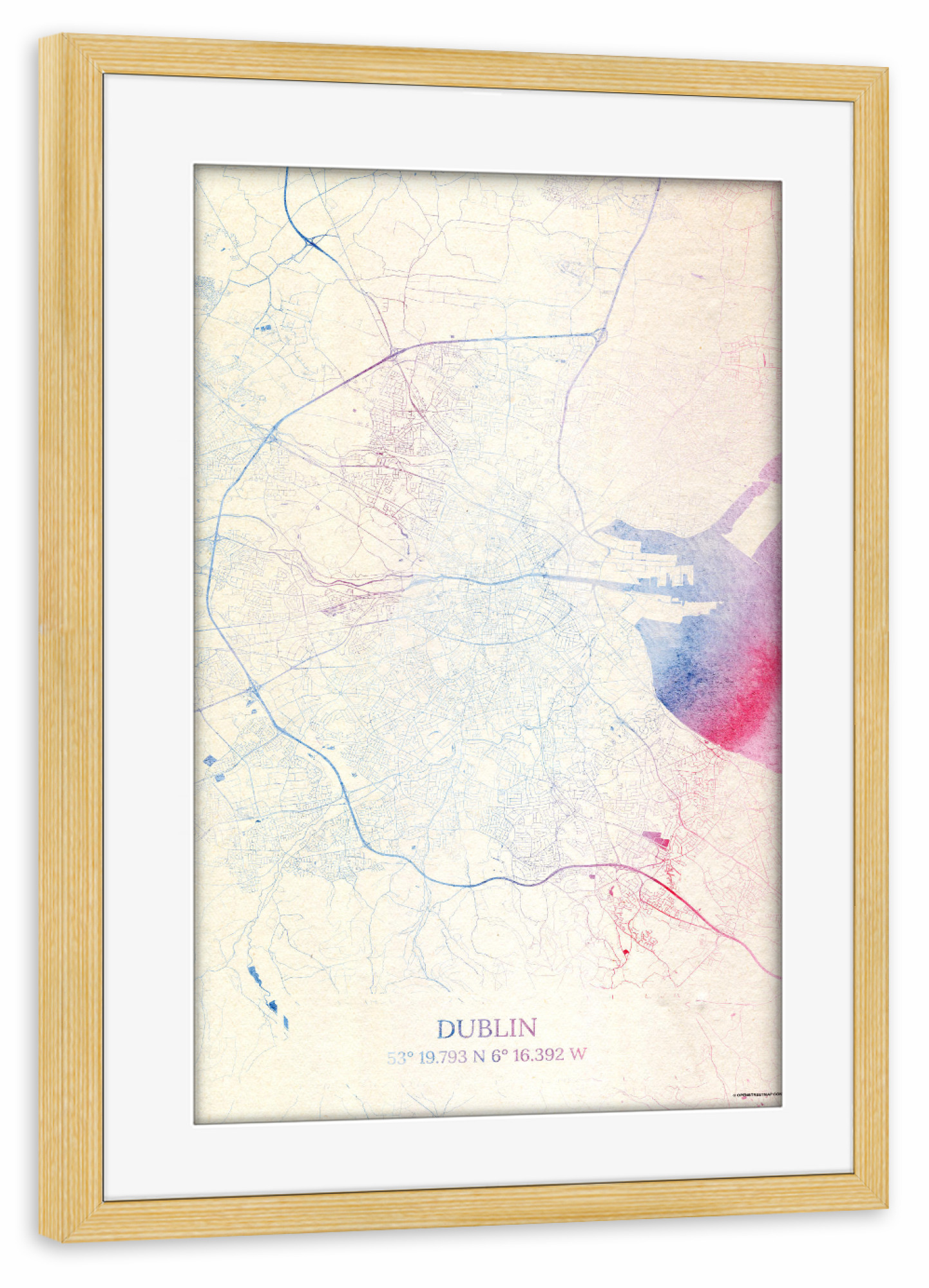 Poster mit Rahmen kiefer "Dublin Irland Map Rose And Serenity I" artboxONE - Städte,Reise,Kartografie - Städte,Stadtkarte,Wasserfarbe,Rosequartz