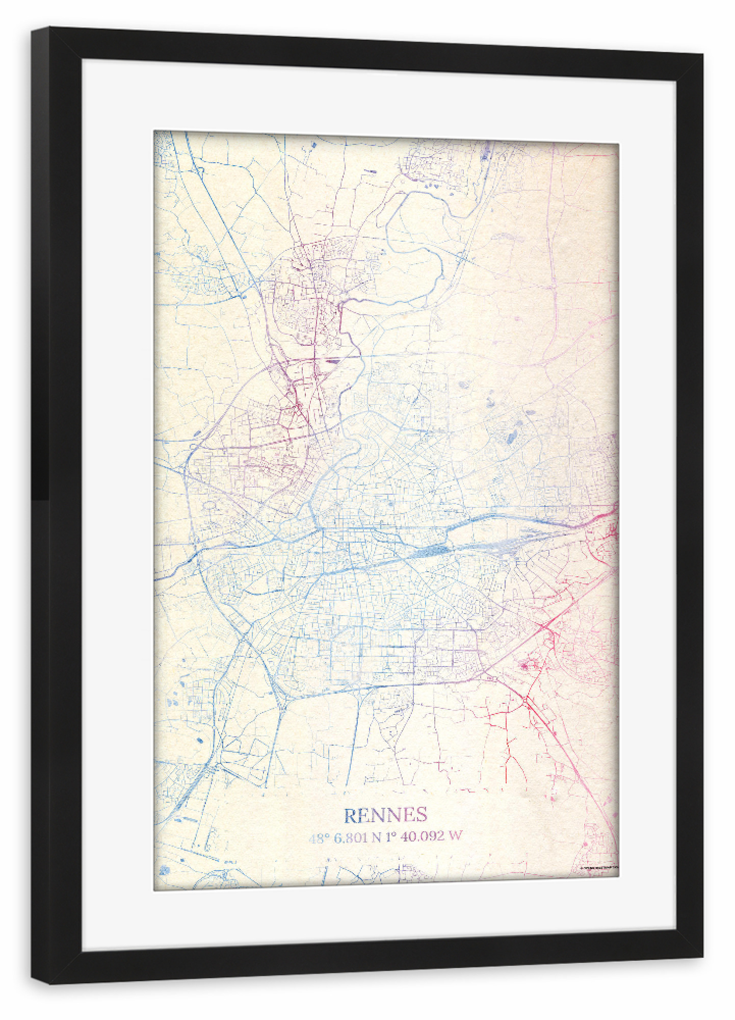 Poster mit Rahmen schwarz "Rennes Frankreich Map Rose And Serenity II" artboxONE - Städte,Reise,Kartografie - Städte,Stadtkarte,Wasserfarbe,Rosequartz