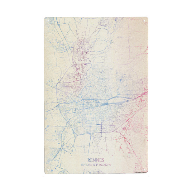 Holzbild "Rennes Frankreich Map Rose And Serenity II" artboxONE - Städte,Reise,Kartografie - Städte,Stadtkarte,Wasserfarbe,Rosequartz