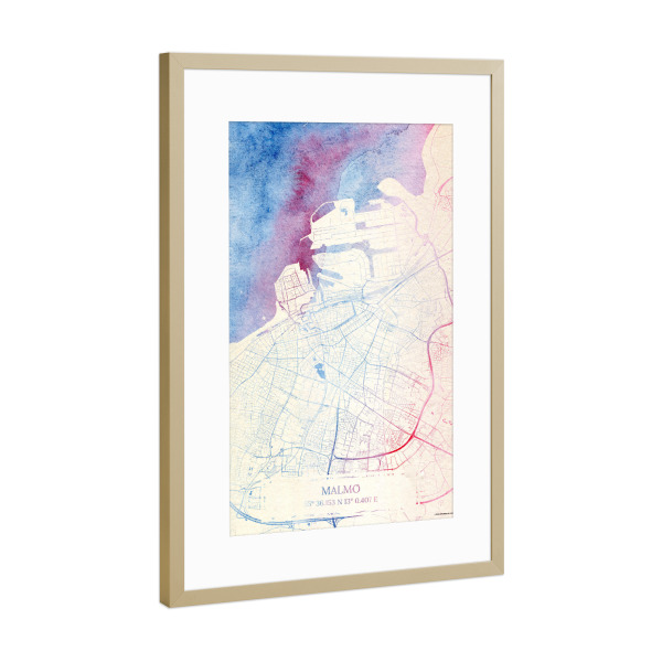 Poster mit Rahmen Gold "Malmö Schweden Map Rose And Serenity II" artboxONE - Städte,Reise,Kartografie - Städte,Stadtkarte,Wasserfarbe,Rosequartz