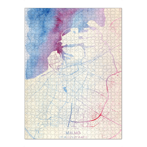Puzzle Ravensburger "Malmö Schweden Map Rose And Serenity II" artboxONE - Städte,Reise,Kartografie - Städte,Stadtkarte,Wasserfarbe,Rosequartz