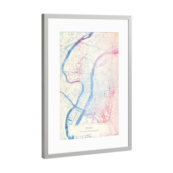 Poster mit Rahmen Silber "Lyon Frankreich Map Rose And Serenity I" artboxONE - Städte,Reise,Kartografie - Städte,Stadtkarte,Wasserfarbe,Rosequartz