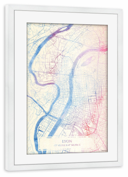 Poster mit Rahmen weiß "Lyon Frankreich Map Rose And Serenity I" artboxONE - Städte,Reise,Kartografie - Städte,Stadtkarte,Wasserfarbe,Rosequartz