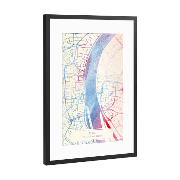 Poster mit Rahmen Schwarz (Metallic) "Köln Deutschland Map Rose And Serenity I" artboxONE - Städte,Reise,Kartografie