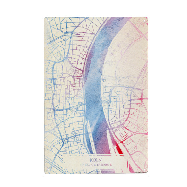 Holzbild "Köln Deutschland Map Rose And Serenity I" artboxONE - Städte,Reise,Kartografie - Städting,Stadtkarte,Wasserfarbe,Rosequartz