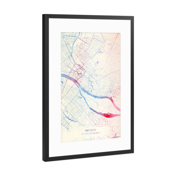 Poster mit Rahmen Schwarz (Metallic) "Bremen Deutschland Map Rose And Serenity I" artboxONE - Städte,Reise,Kartografie