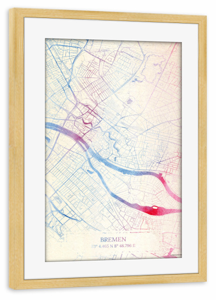 Poster mit Rahmen kiefer "Bremen Deutschland Map Rose And Serenity I" artboxONE - Städte,Reise,Kartografie