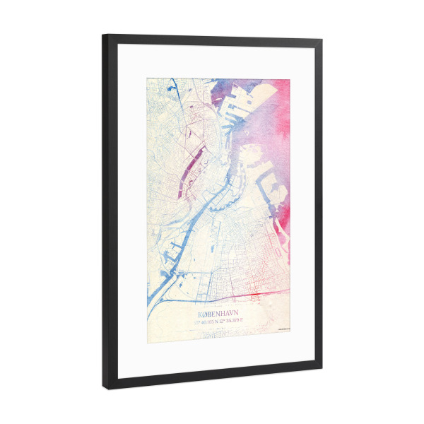 Poster mit Rahmen Schwarz (Metallic) "København Dänemark Map Rose And Serenity I" artboxONE - Städte,Reise,Kartografie