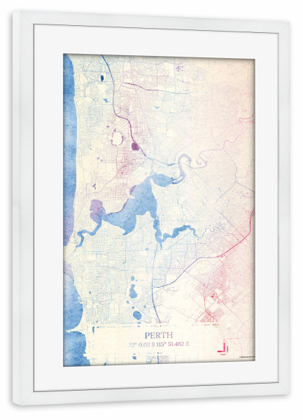 Poster mit Rahmen weiß "Perth Australien Map Rose And Serenity I" artboxONE - Städte,Reise,Kartografie - Städte,Stadtkarte,Wasserfarbe,Rosequartz