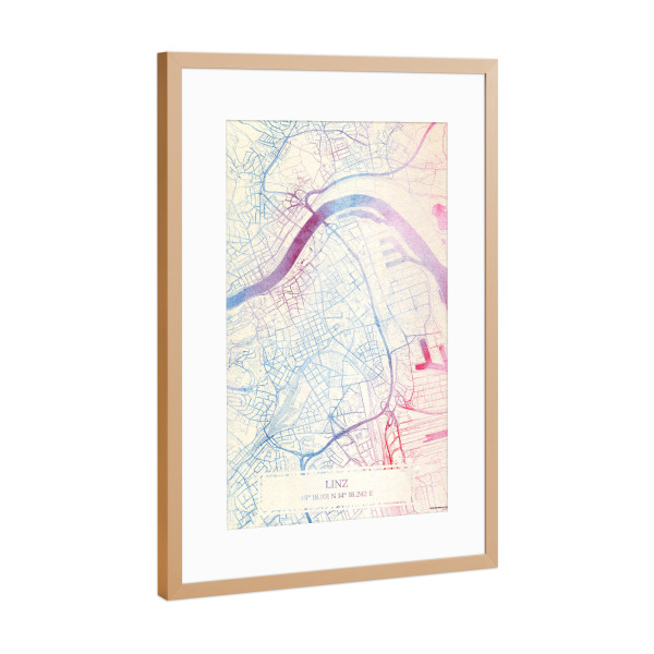 Poster mit Rahmen Kupfer "Linz Österreich Map Rose And Serenity I" artboxONE - Städte,Reise,Kartografie - Städte,Stadtkarte,Wasserfarbe,Rosequartz