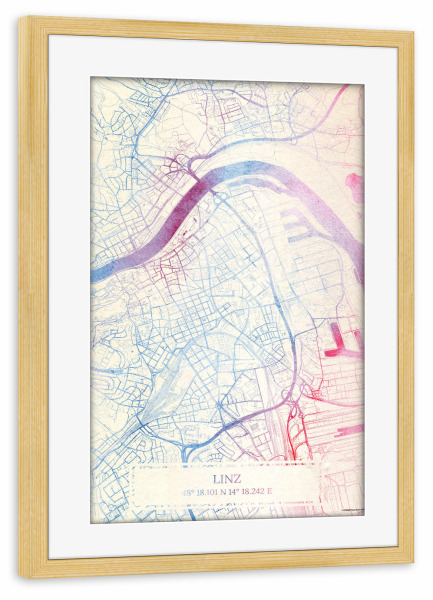 Poster mit Rahmen kiefer "Linz Österreich Map Rose And Serenity I" artboxONE - Städte,Reise,Kartografie - Städte,Stadtkarte,Wasserfarbe,Rosequartz