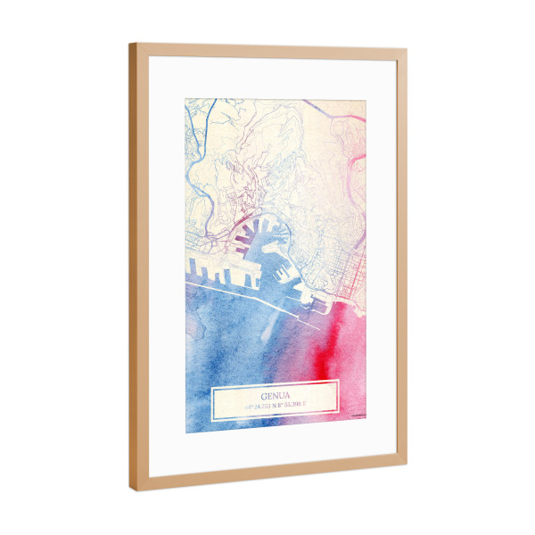 Poster mit Rahmen Kupfer "Genua Italien Map Rose And Serenity I" artboxONE - Städte,Reise,Kartografie - Städte,Stadtkarte,Wasserfarbe,Rosequartz