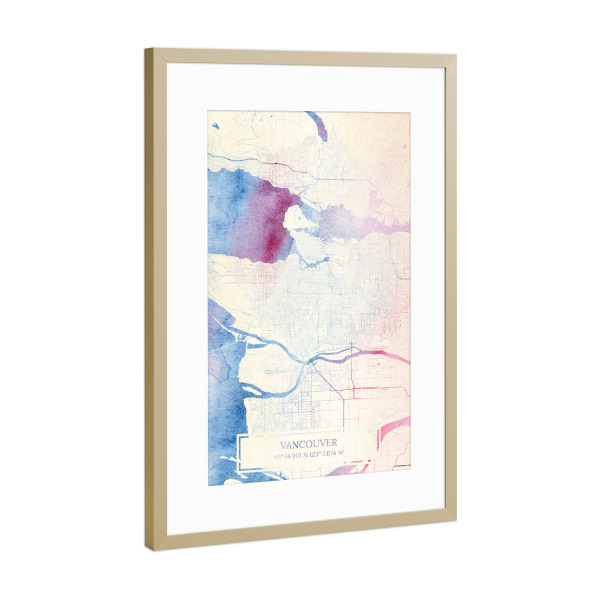 Poster mit Rahmen Gold "Vancouver Kanada Map Rose And Serenity I" artboxONE - Städte,Reise,Kartografie - Städte,Stadtkarte,Wasserfarbe,Rosequartz