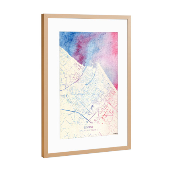 Poster mit Rahmen Kupfer "Rimini Italien Map Rose And Serenity II" artboxONE - Städte,Reise,Kartografie - Städte,Stadtkarte,Wasserfarbe,Rosequartz