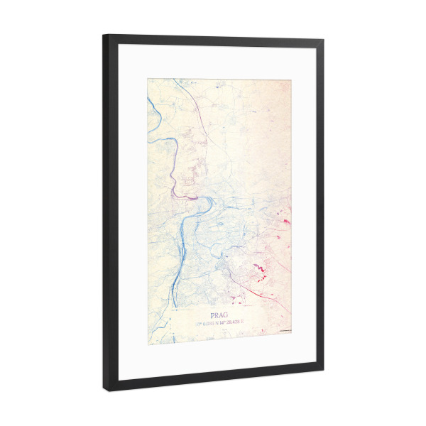 Poster mit Rahmen Schwarz (Metallic) "Prag Tschechische-Republik Map Rose And Serenity I" artboxONE - Städte,Reise,Kartografie