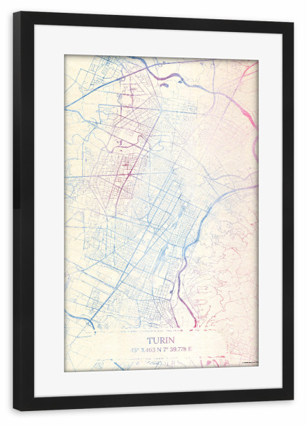 Poster mit Rahmen schwarz "Turin Italien Map Rose And Serenity I" artboxONE - Städte,Reise,Kartografie - Städte,Stadtkarte,Wasserfarbe,Rosequartz