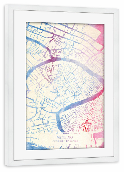 Poster mit Rahmen weiß "Venedig Italien Map Rose And Serenity II" artboxONE - Städte,Reise,Kartografie - Städte,Stadtkarte,Wasserfarbe,Rosequartz