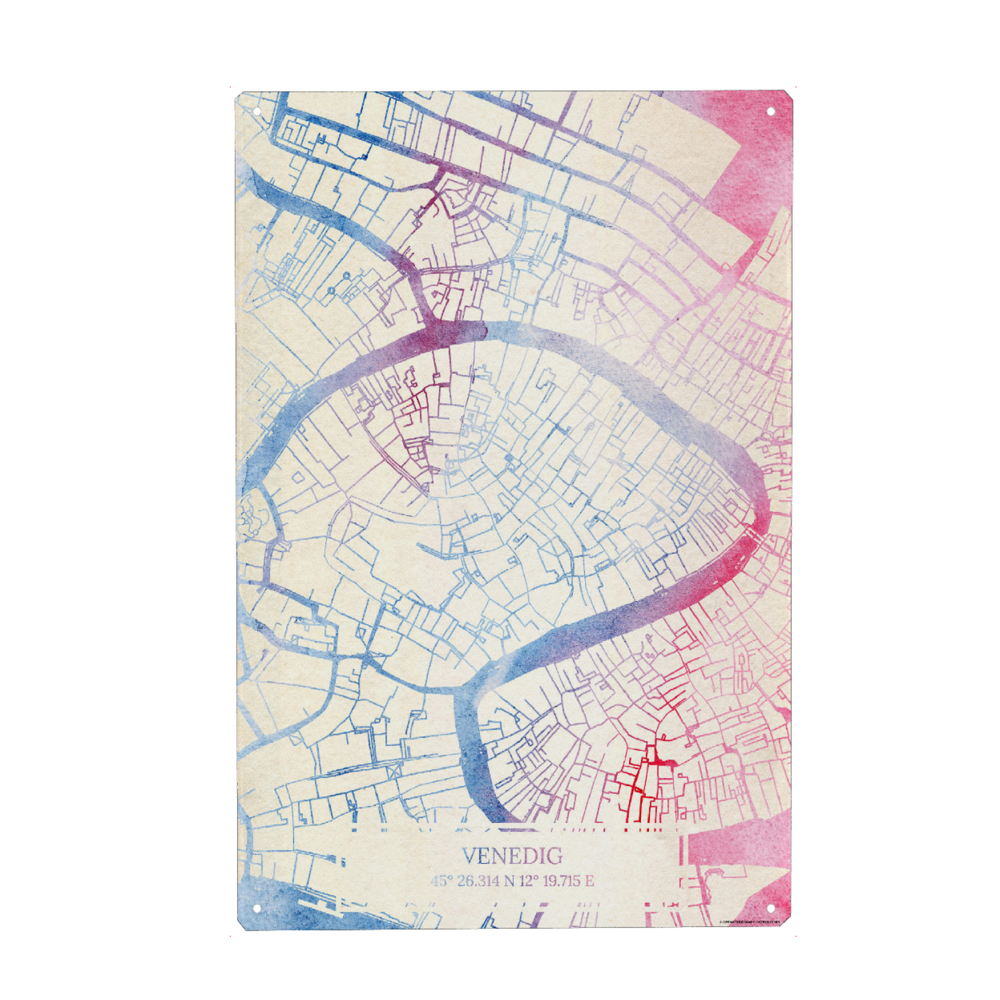 Holzbild "Venedig Italien Map Rose And Serenity II" artboxONE - Städte,Reise,Kartografie - Städte,Stadtkarte,Wasserfarbe,Rosequartz