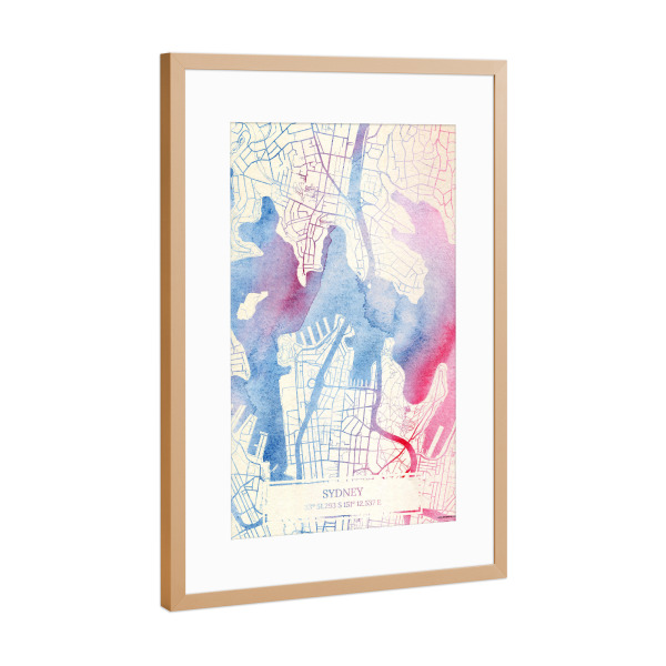 Poster mit Rahmen Kupfer "Sydney Australien Map Rose And Serenity III" artboxONE - Städte,Reise,Kartografie - Städte,Stadtkarte,Wasserfarbe,Rosequartz