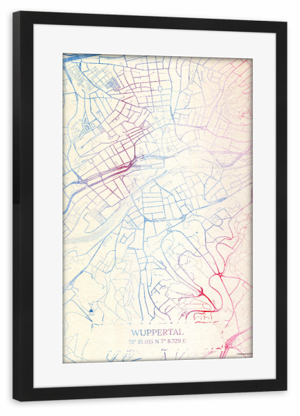 Poster mit Rahmen schwarz "Wuppertal Deutschland Map Rose And Serenity I" artboxONE - Städte,Reise,Kartografie