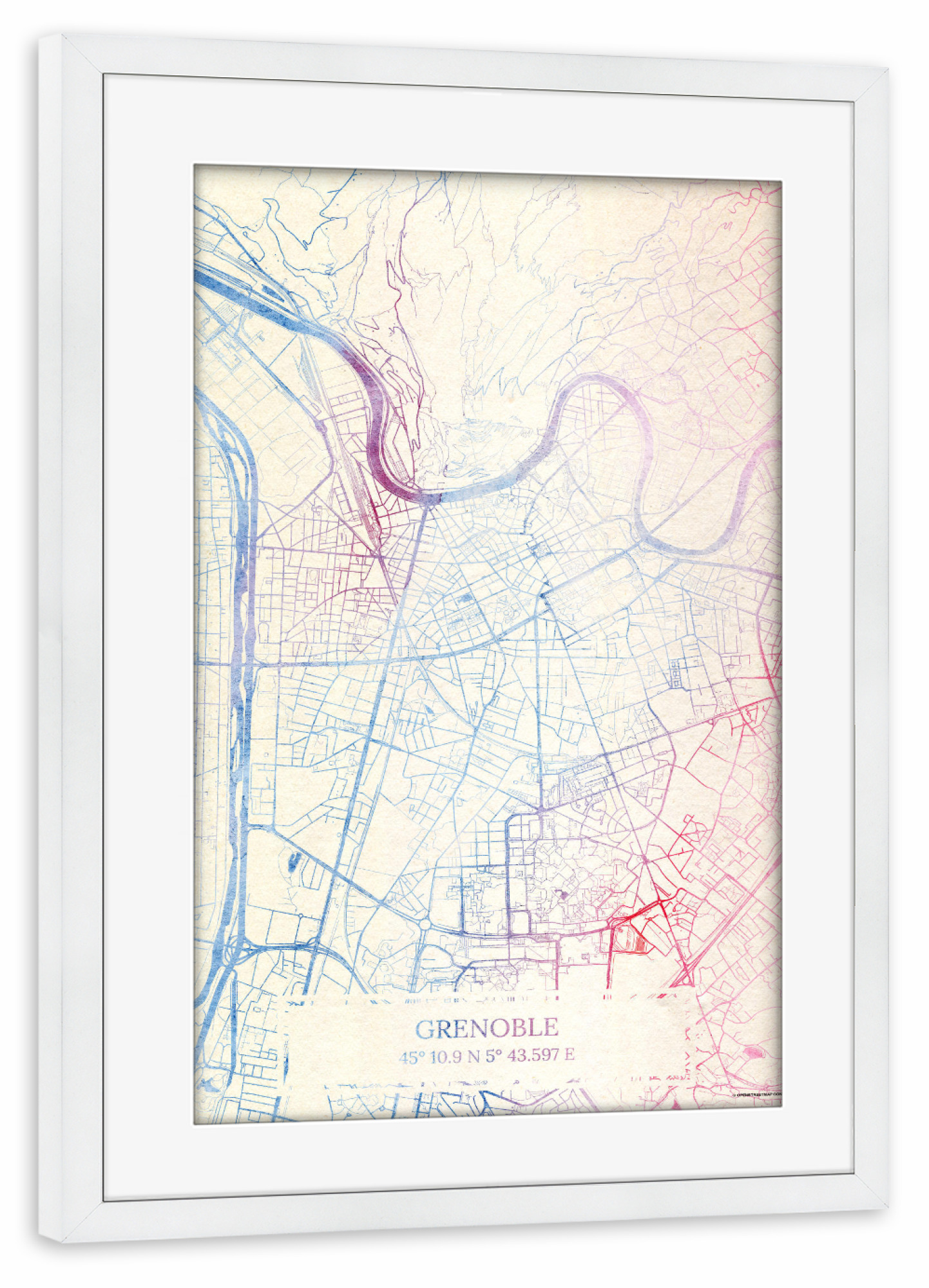 Poster mit Rahmen weiß "Grenoble Frankreich Map Rose And Serenity II" artboxONE - Städte,Reise,Kartografie - Städte,Stadtkarte,Wasserfarbe,Rosequartz