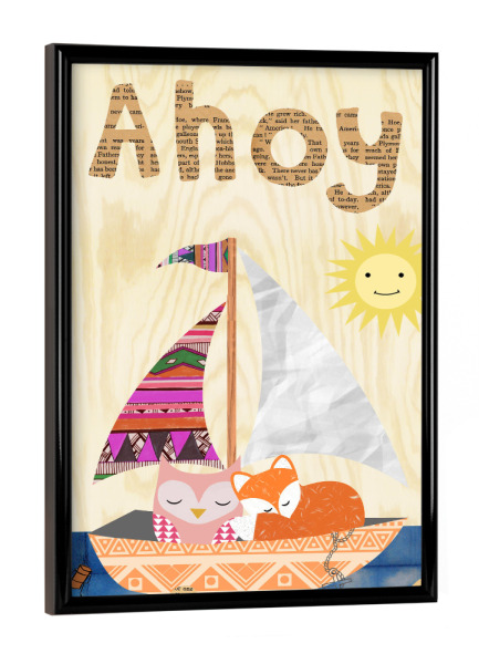 Poster mit schwarzem Rahmen "Ahoy - Eule und Fuchs im boot" artboxONE - Für Kinder - Ahoy,Eule,Fuchs,Boot,Collage,Vintage,Retro,Holz,Süß,Ahoi,Fox,Owl