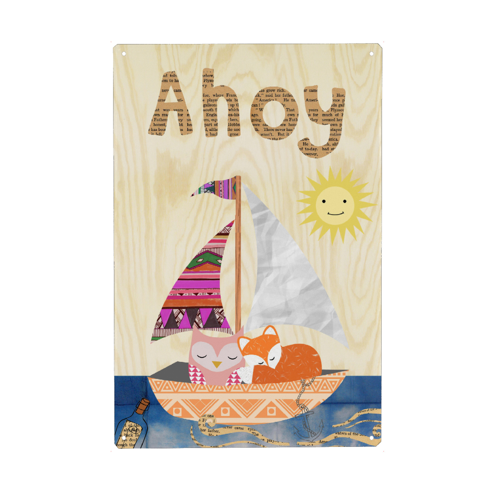 Holzbild "Ahoy - Eule und Fuchs im boot" artboxONE - Für Kinder - Ahoy,Eule,Fuchs,Boot,Collage,Vintage,Retro,Holz,Süß,Ahoi,Fox,Owl