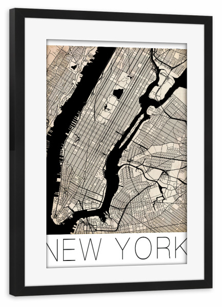 Poster mit Rahmen schwarz "Retro City Map New York" artboxONE - Städte,Retro - City,Map,Ny,New york,City map