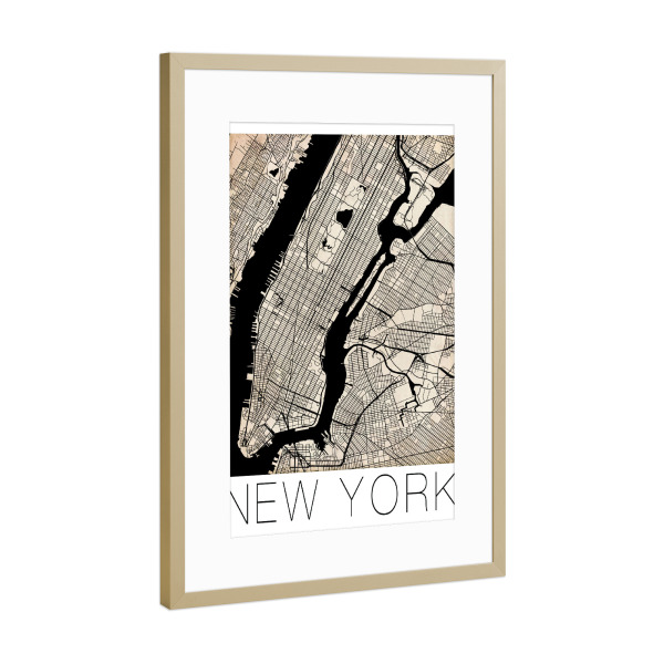 Poster mit Rahmen Gold "Retro City Map New York" artboxONE - Städte,Retro - City,Map,Ny,New york,City map