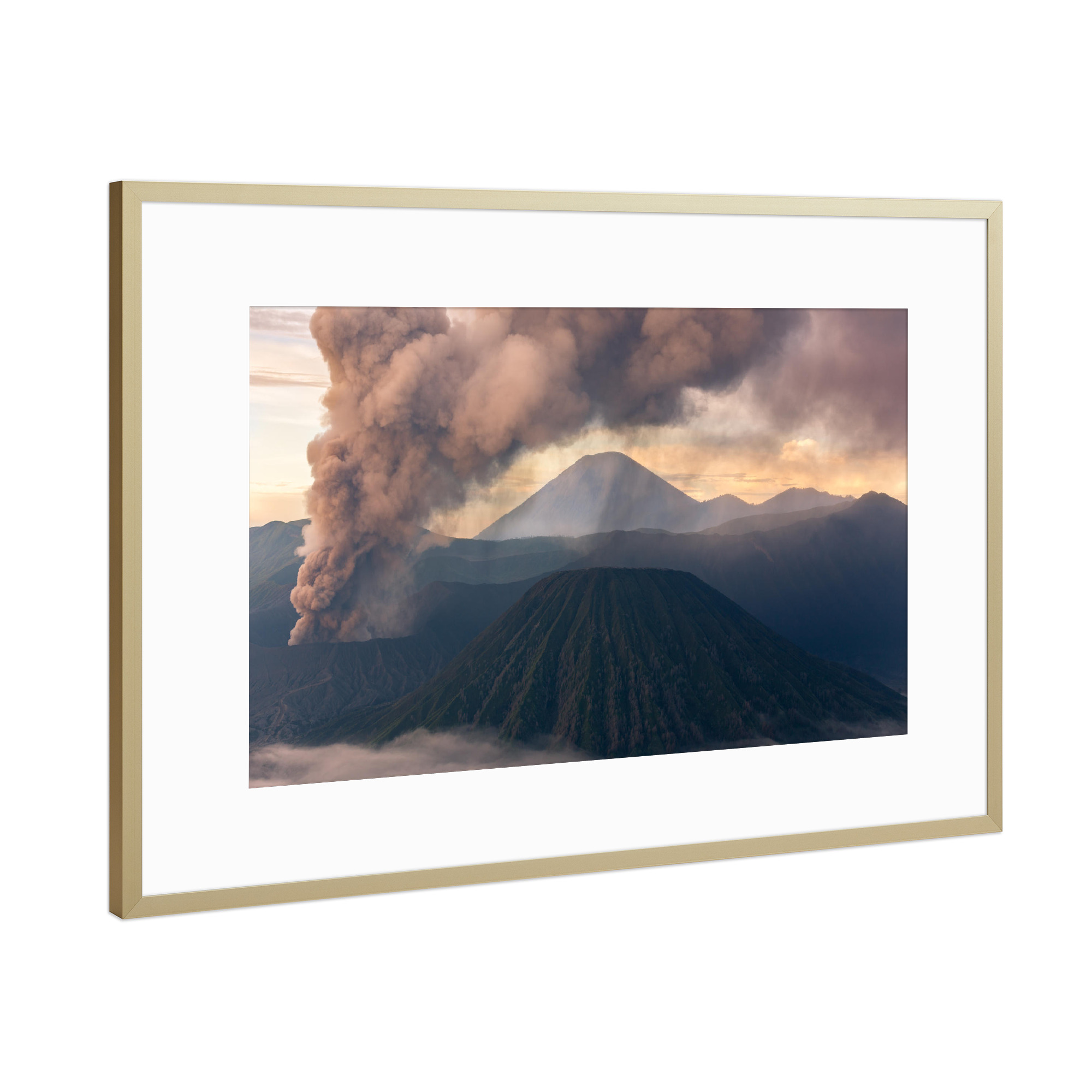 Poster mit Rahmen Gold "Morning Glow" artboxONE - Natur - Vulkan,Bromo,Indonesien,Sunrise,Natur,Berg,Nebel